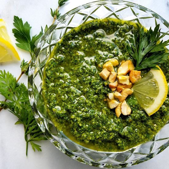 Carrot Top Cashew Pesto - Recipe photo by Give it Some Thyme