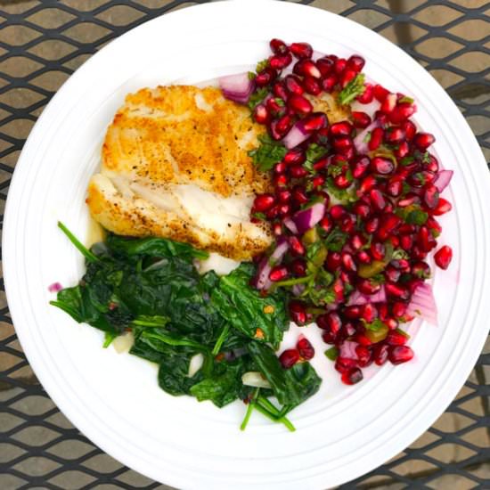 Seared Cod with Pomegranate Salsa - Recipe photo by five silver spoons