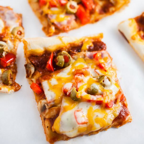 Sheet Pan Pizza with Canadian Bacon - Recipe photo by therusticfoodie