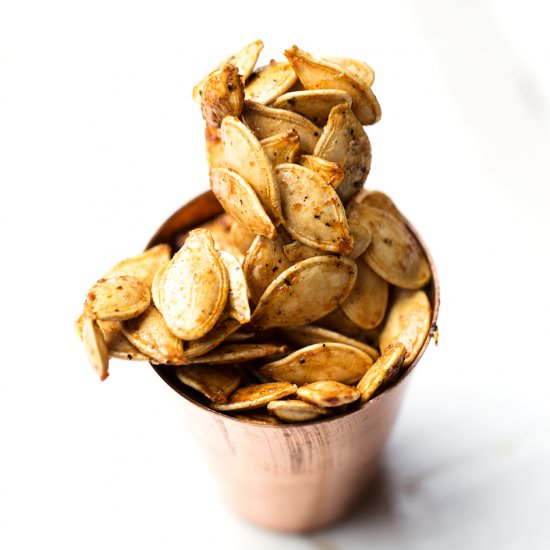 Brown Sugar Sriracha Pumpkin Seeds - Recipe photo by ONEarmedMAMA