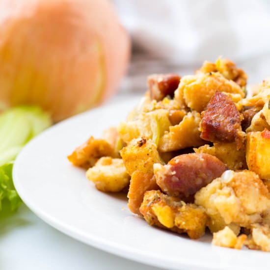 Adouille Sausage Stuffing - Recipe photo by No Plate Like Home