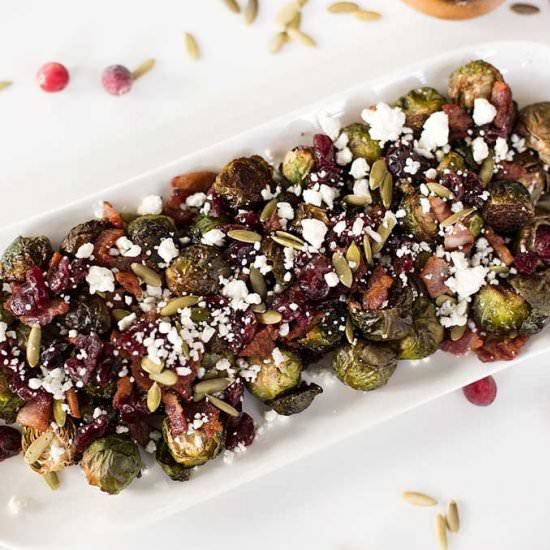 Roasted Bacon Cranberry Brussels - Recipe photo by Kiwi and Carrot