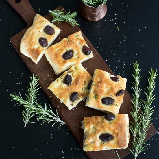 Rosemary Olive Focaccia Bread - Recipe photo by Kiwi and Carrot
