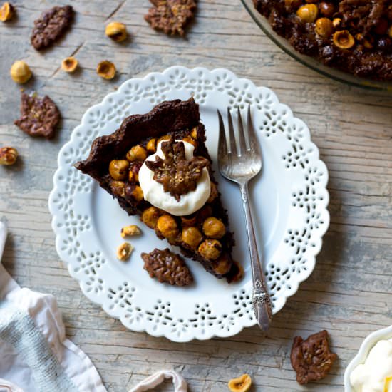 Chocolate Hazelnut Maple Bourbon Pie - Recipe photo by beckysuebakes