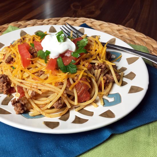 Simple Taco Spaghetti - Recipe photo by LazyGlutenFree