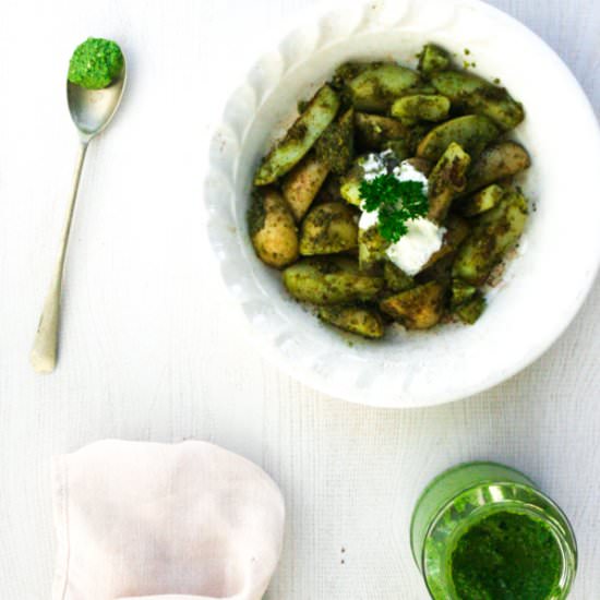 Pesto Covered Baked Potato Wedges - Recipe photo by rebelskitchen