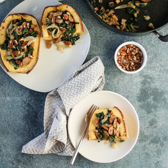Sausage, Kale, Apple Stuffed Squash - Recipe photo by tasty seasons