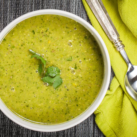 Pea Soup with Cilantro & Pistachios - Recipe photo by Mychefsapron
