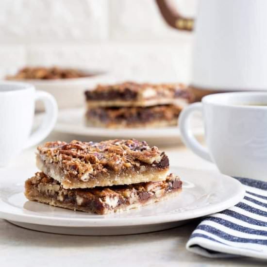 CHOCOLATE BOURBON PECAN BARS - Recipe photo by mybakingaddiction