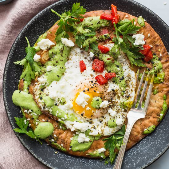 Fried Eggs with Green Tahini - Recipe photo by VegetarianVentures