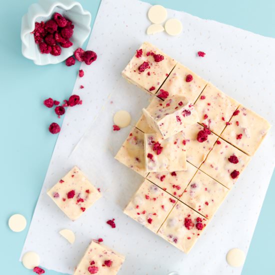 White Choc & Raspberry Fudge Slice - Recipe photo by sweetnessandbite