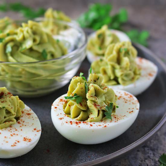 Easy Devilled Avocado Garlic Eggs - Recipe photo by SavorySpin
