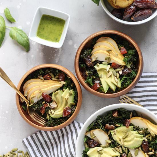 Crispy Kale Salad with Dates + Pear - Recipe photo by pumpkinandpb