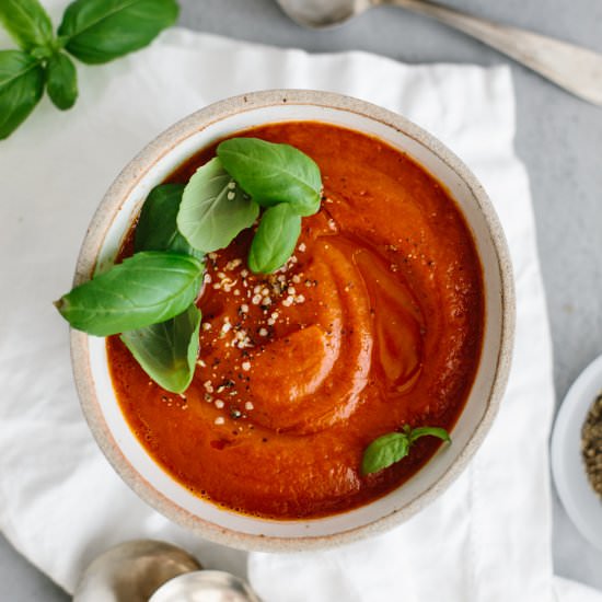 Roasted Red Pepper Tomato Soup - Recipe photo by Downshiftology
