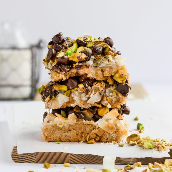 Pistachio Seven Layer Cookie Bars - Recipe photo by thewoodenskillet