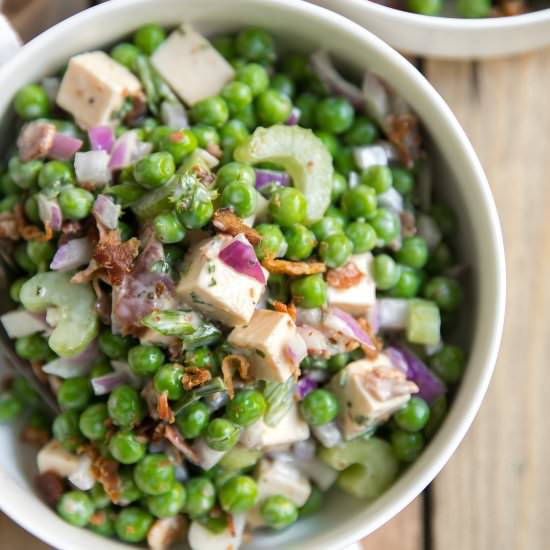 Creamy Pea Salad with Bacon + Video - Recipe photo by theforkedspoon