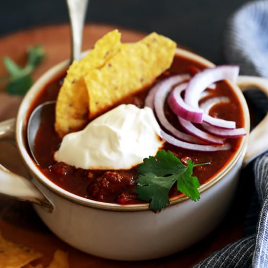 Beer Braised Beanless Chili - Recipe photo by Melanie Makes
