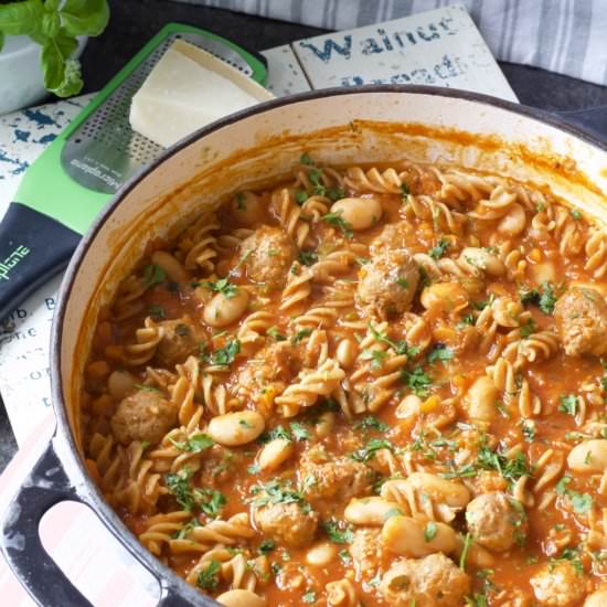 One Pot Beans & Meatballs Pasta - Recipe photo by joskitchenlarder