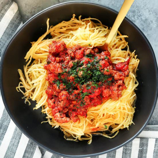 Spaghetti Squash with Meat Sauce - Recipe photo by simplysissom