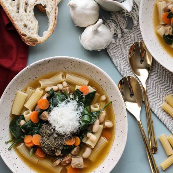 Italian Sausage & Pesto Soup - Recipe photo by pedanticfoodie