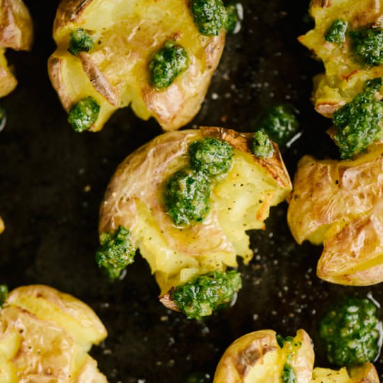 Crispy Potatoes with Parsley Pesto - Recipe photo by Our Salty Kitchen