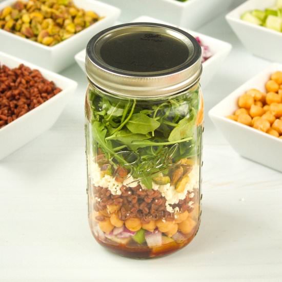 Pomegranate Farro Mason Jar Salad - Recipe photo by Byte Sized Nutrition