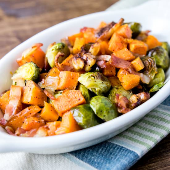 Bacon Maple Brussels & Sweet Potato - Recipe photo by fithappyfree