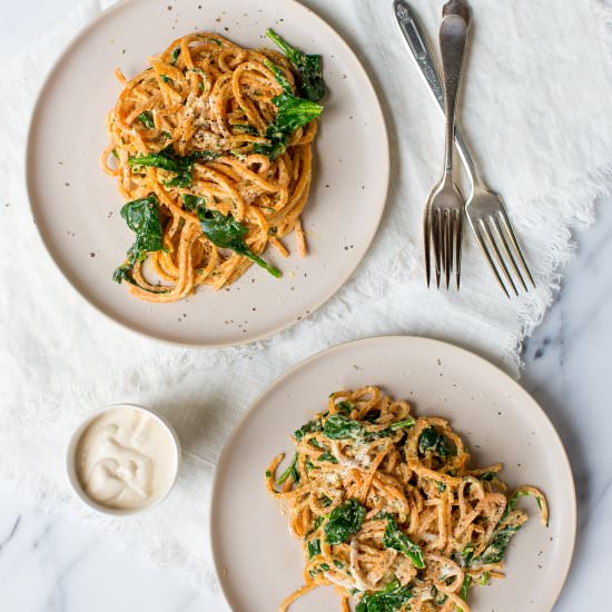 spiral sweet potato + cashew cream - Recipe photo by TableAndDish