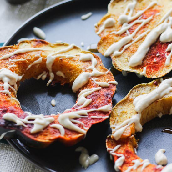 Baked Acorn Squash w/ Tahini Sauce - Recipe photo by getwellwithem