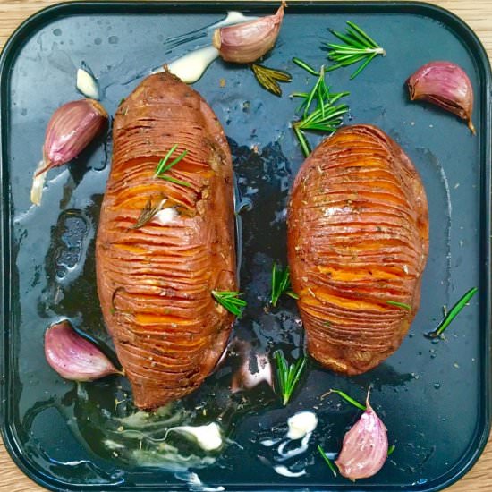 Roasted Hasselback Sweet Potatoes - Recipe photo by Justina Elumeze