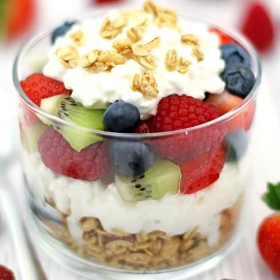 Breakfast Cottage Cheese Fruit Granola Parfait - Recipe photo by valyastasteofhome.com