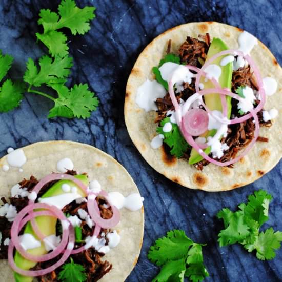 Instant Pot barbacoa tacos - Recipe photo by white plate blank slate