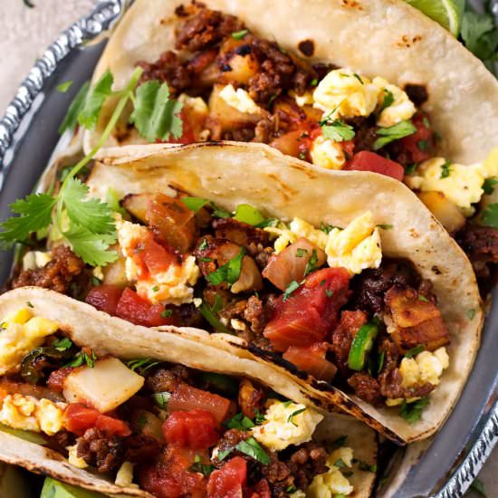 Chorizo and Potato Breakfast Tacos - Recipe photo by The Chunky Chef