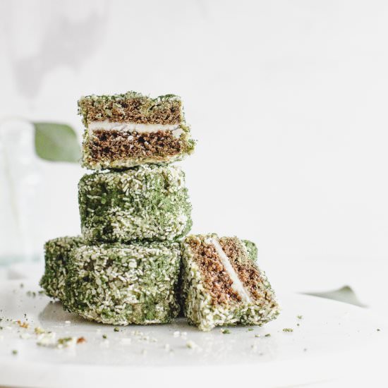 Matcha Lamingtons with Hemp Seeds - Recipe photo by rezelkealoha