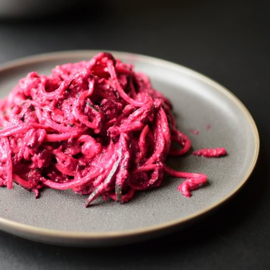 Zoodles with Garlicky Beet Pesto - Recipe photo by ButterYum