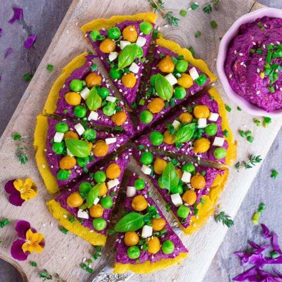 Socca pizza with purple hummus - Recipe photo by RainbowInMyKitchen