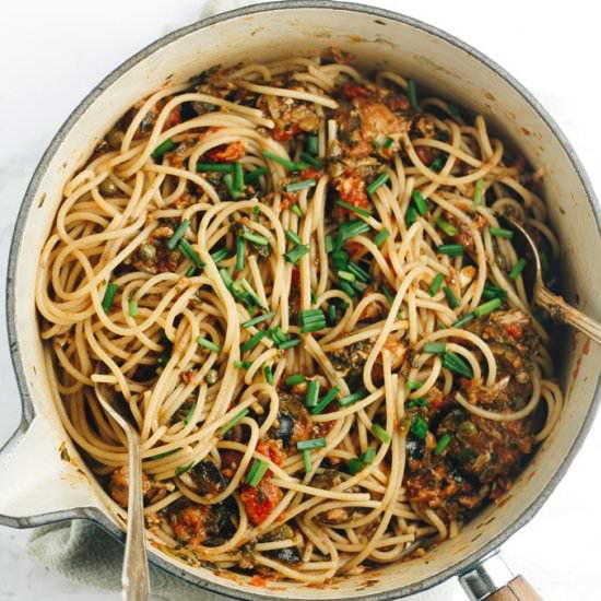 Sardine Puttanesca Spaghetti - Recipe photo by addsomeveg