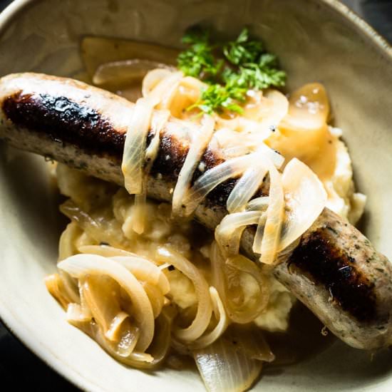 Bangers and Mash with Onion Gravy - Recipe photo by saltpepperskillet