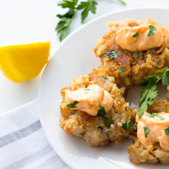 Fish Cakes w/ Sriracha Aioli Sauce - Recipe photo by No Plate Like Home