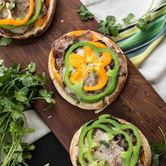 Philly Cheesesteak Pita Pizzas - Recipe photo by Kiwi and Carrot