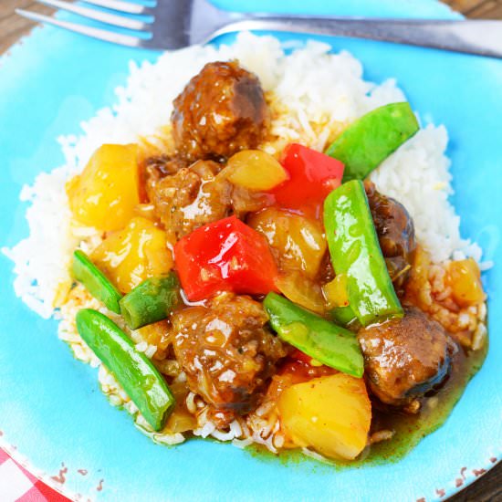 Slow Cooker Pineapple BBQ Meatballs - Recipe photo by TheSaltyPot