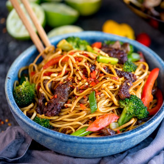 Crispy Chilli Beef Noodles - Recipe photo by KitchenSanctuary