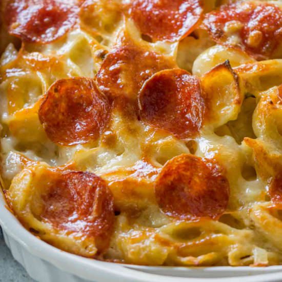 Cheesy White Pizza Casserole - Recipe photo by peasandpeonies