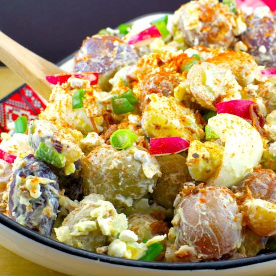 Perogy Potato Salad - Recipe photo by Food Meanderings