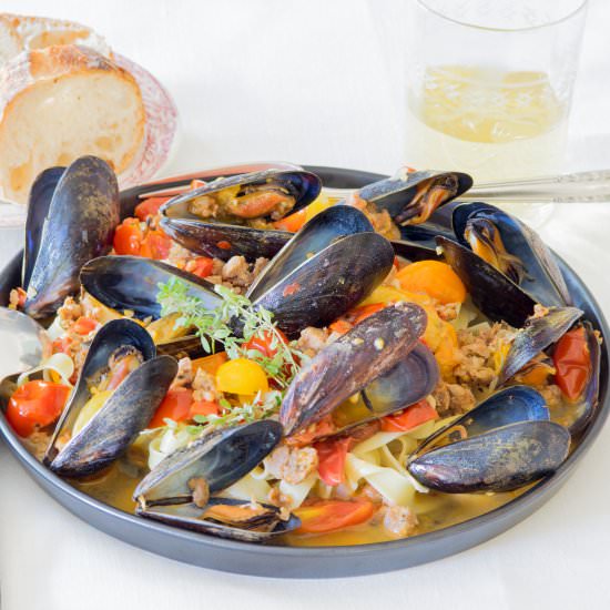 Mussels in Fettuccine - Recipe photo by Mead Meadow