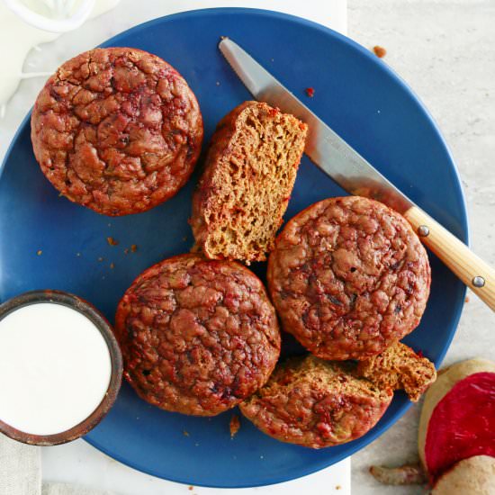 Baked Beet Velvet Pancake Cups - Recipe photo by kitchenathoskins