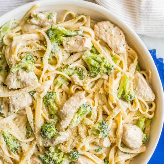 Healthy chicken Alfredo + broccoli - Recipe photo by Family Food on the Table