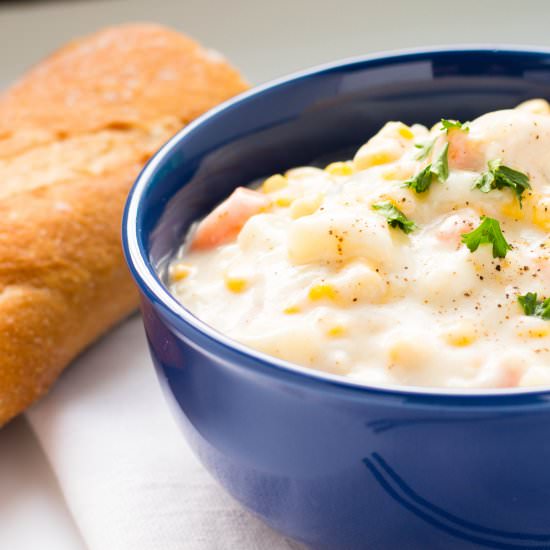 Creamy Chicken Corn Chowder - Recipe photo by No Plate Like Home