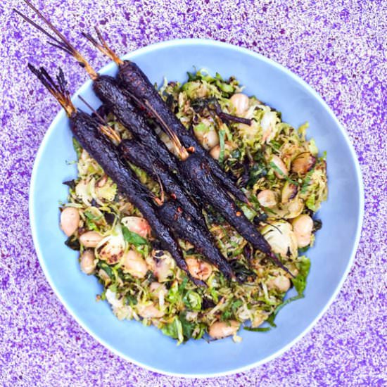 Harissa Carrot+ Brussel Sprout Hash - Recipe photo by zingijounal