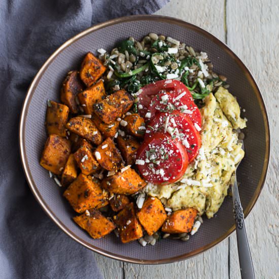 Spicy Sweet Potato Breakfast Bowls - Recipe photo by Crumb Top Baking